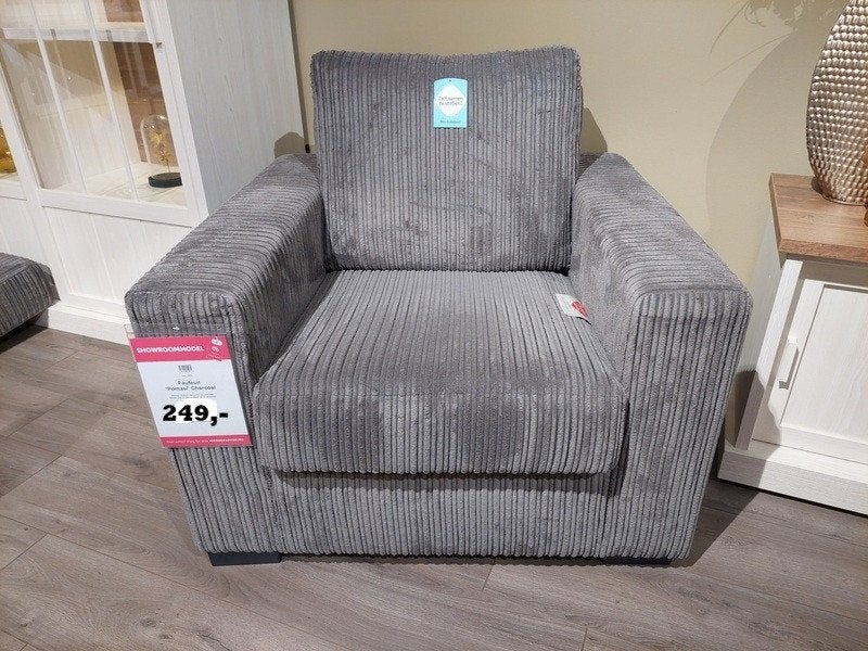 NIEUWE FAUTEUIL IN GRIJZE RIBSTOF STERK AFGEPRIJSD, Ophalen, MODERN, Nieuw, 75 tot 100 cm