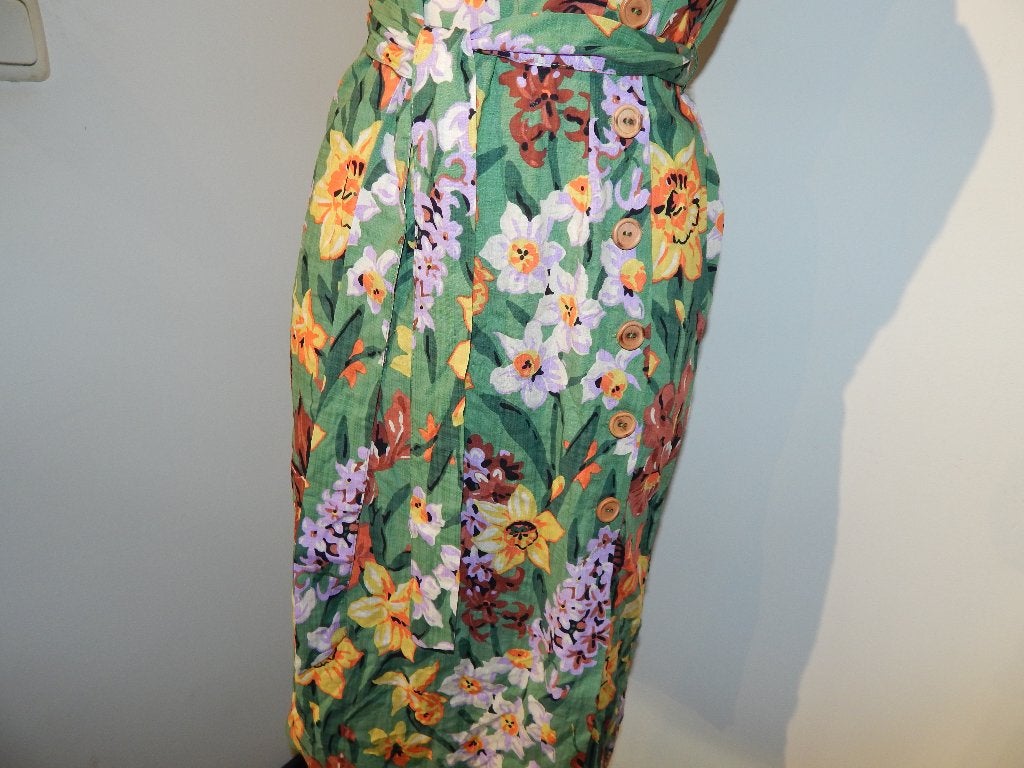 King Louie jurk groen kleurrijke bloemen print Nieuw S, Nieuw, King Louie, Maat 36 (S), Onder de knie
