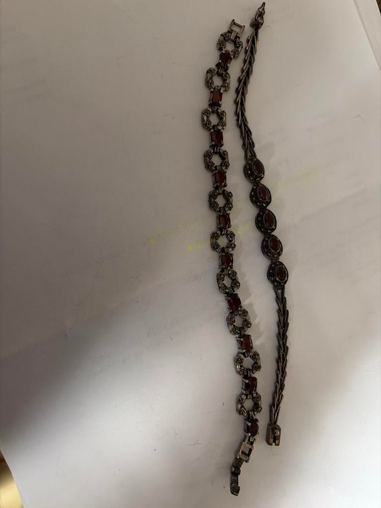 Retro Antieke Granaat & Markasiet Zilver 925 Armbanden, Sieraden, Tassen en Uiterlijk, Armbanden, Gebruikt, Ophalen of Verzenden