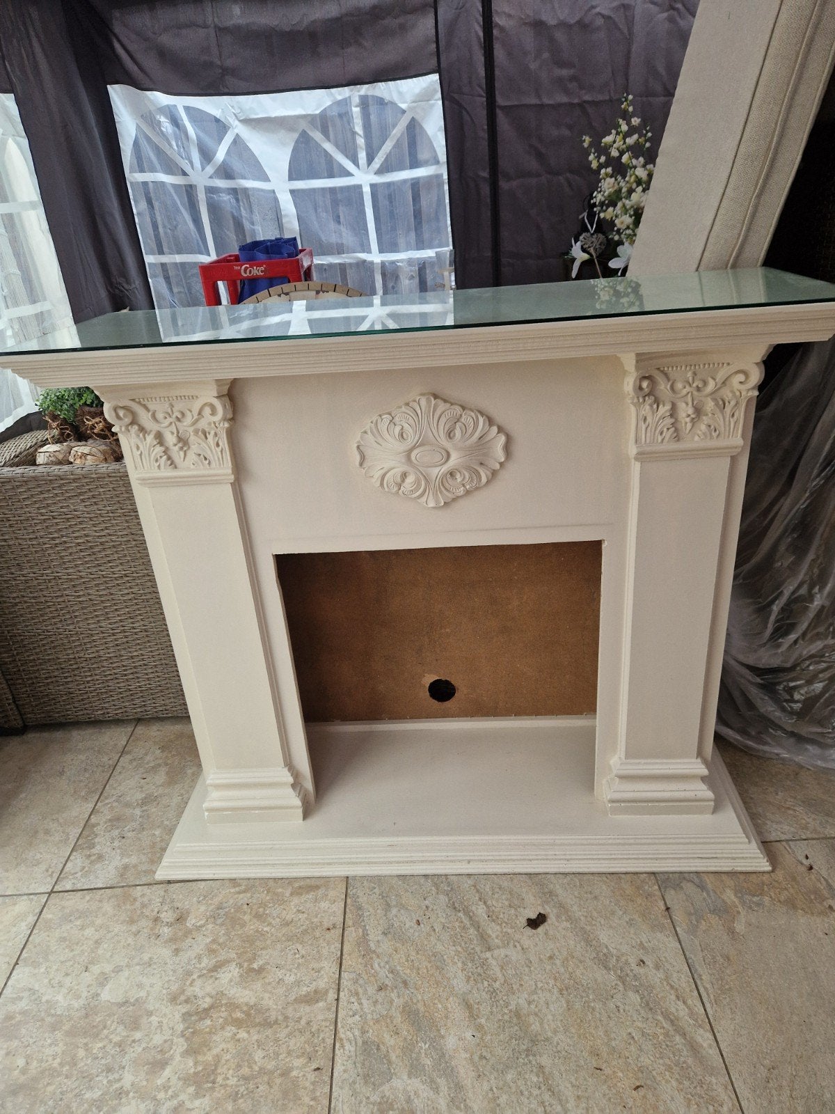 Decoratieve Schouw met Glasplaat - Crème/Wit, Ophalen, Hout, Wit, Klassiek