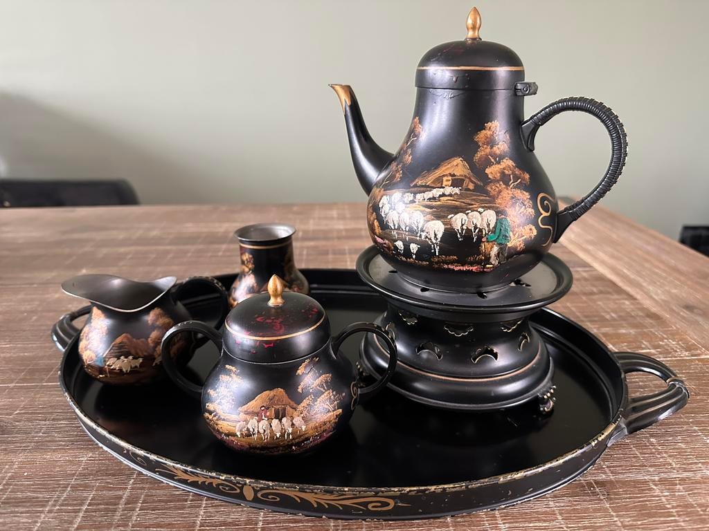 Antiek tinnen zwart koffie servies handgeschilderd, Ophalen