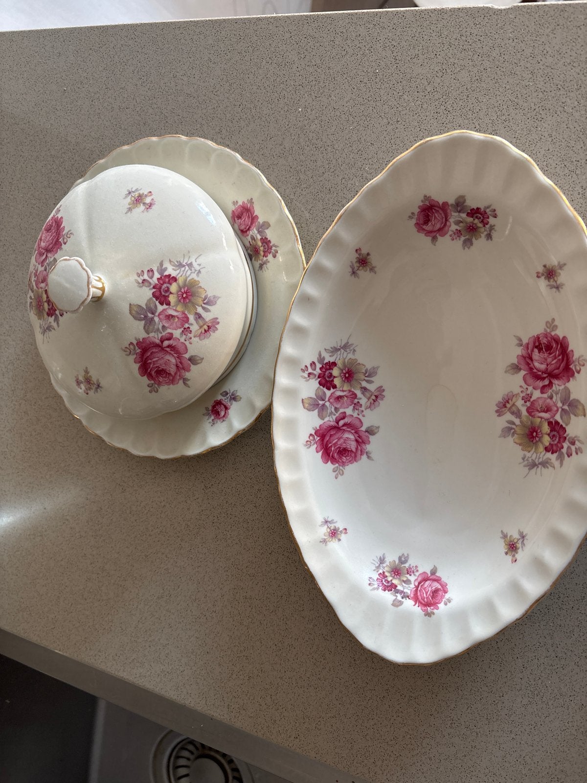 Vintage Mosa Maastricht schaal en botervloot met rozen, Antiek en Kunst, Ophalen of Verzenden