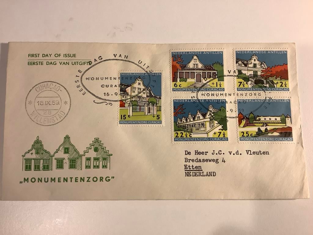 FDC Curacao Monumentenzorg 1959, Postzegels en Munten, Postzegels | Eerstedagenveloppen, Ophalen of Verzenden