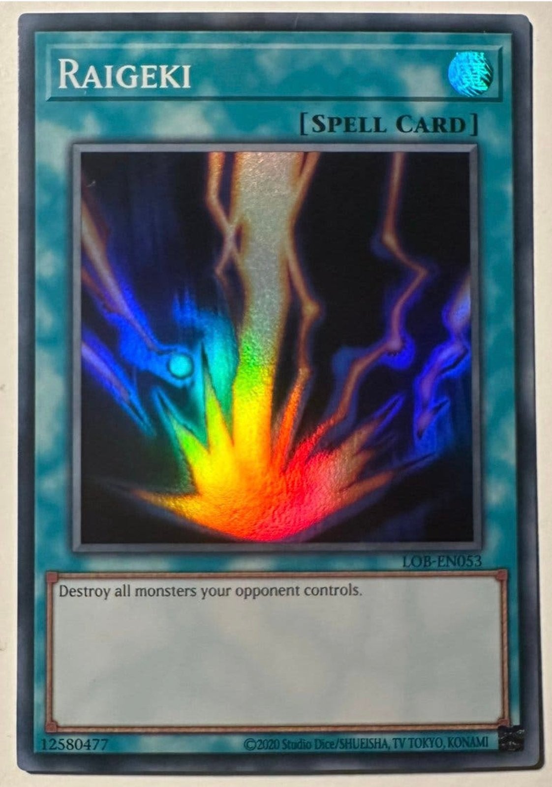 Yu-Gi-Oh! Raigeki LOB Print !, Ophalen of Verzenden, Zo goed als nieuw, Losse kaart, Foil