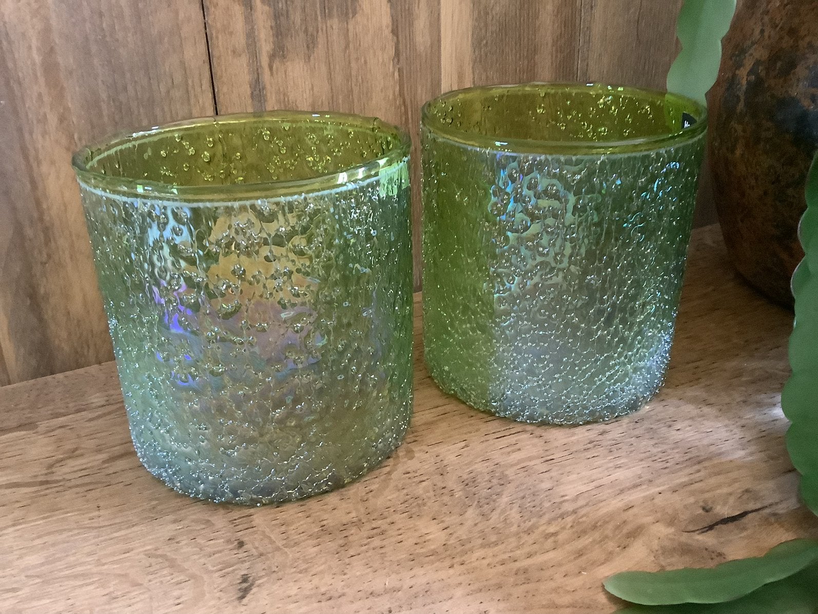 NIEUW set groen bubbel glazen windlichten met parelmoer, Ophalen of Verzenden, Nieuw, Groen, Glas