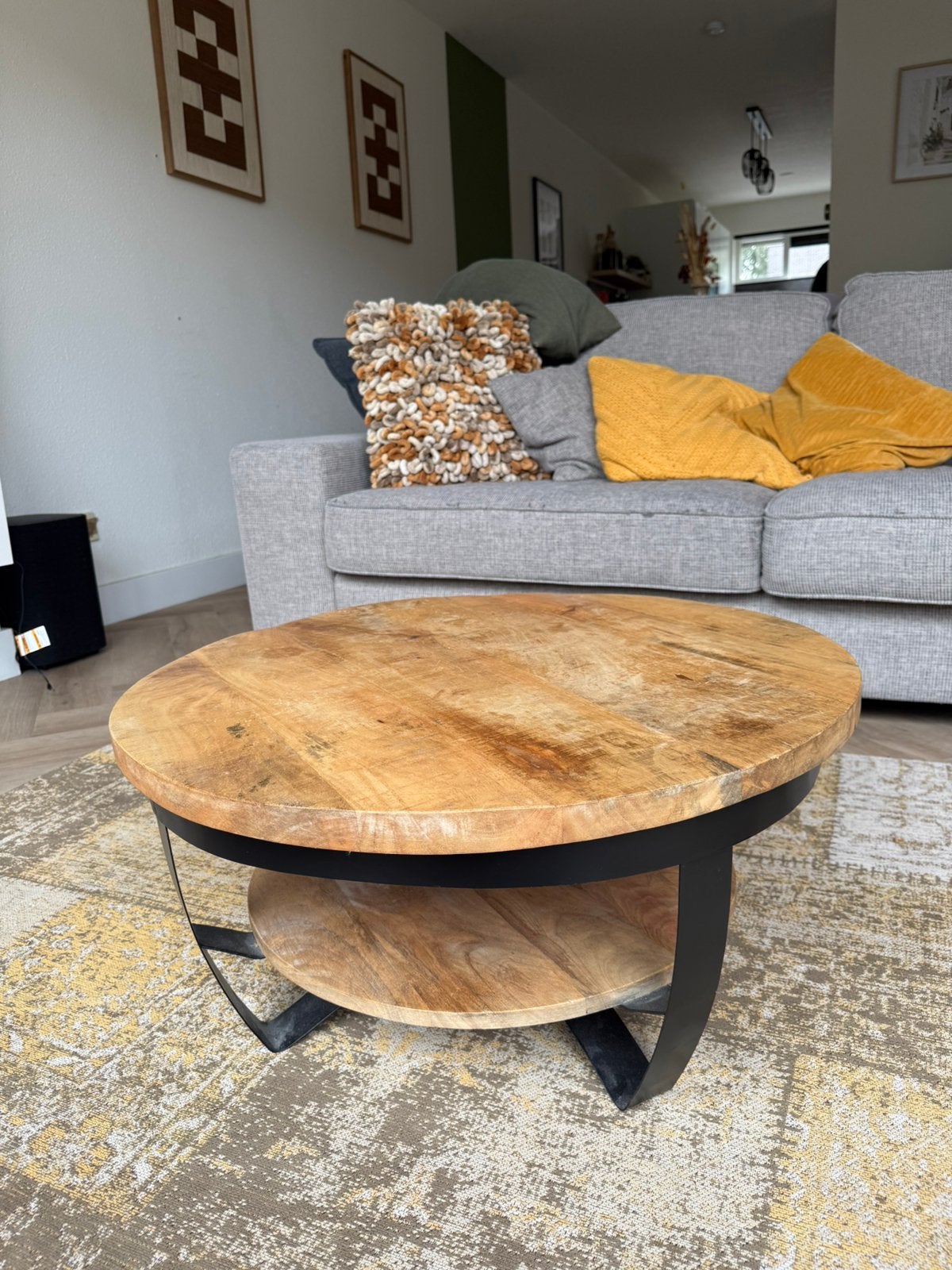 Salontafel Loods 5 mangohout zwart staal, 100 tot 150 cm, Zo goed als nieuw, Rechthoekig, 50 tot 100 cm