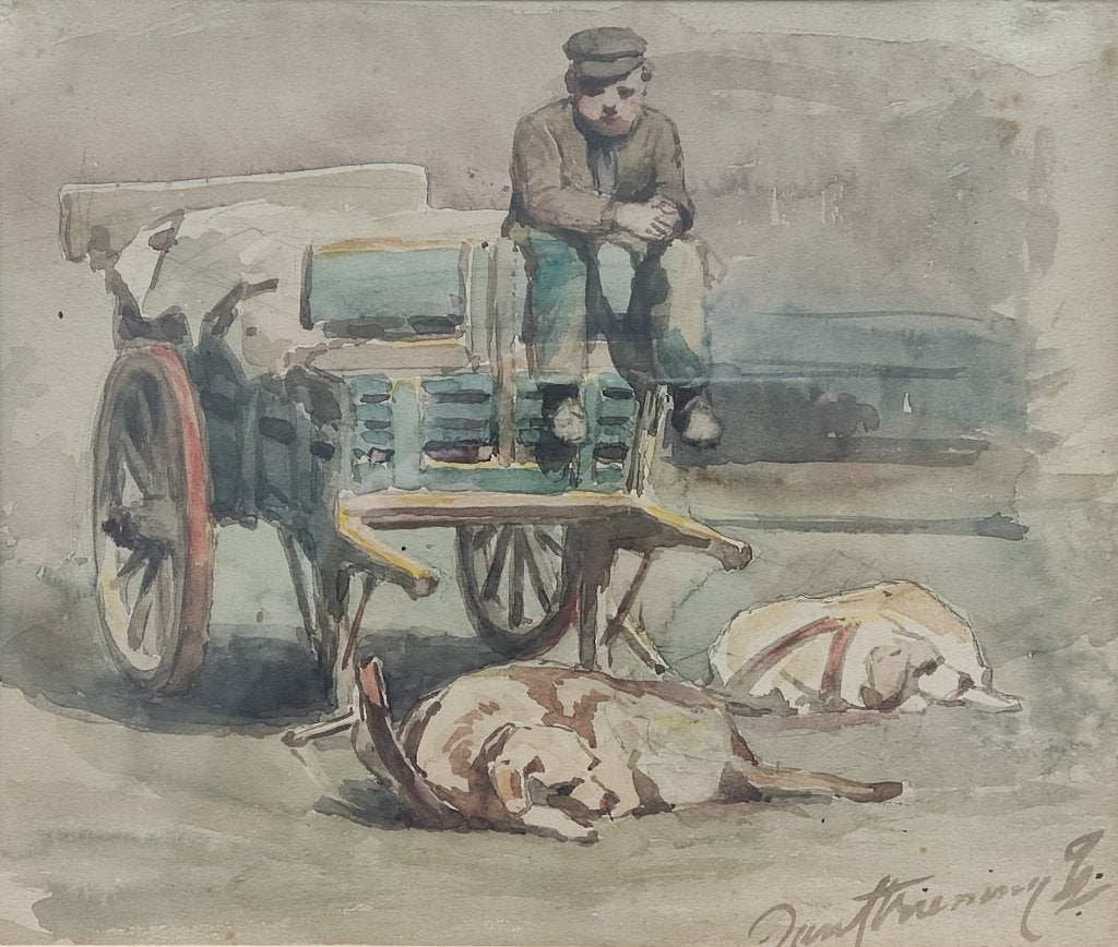 Jan Striening (1827-1903) - Man met hondenkar (aquarel), Ophalen of Verzenden, Schilderij, Aquarel, Gesigneerd