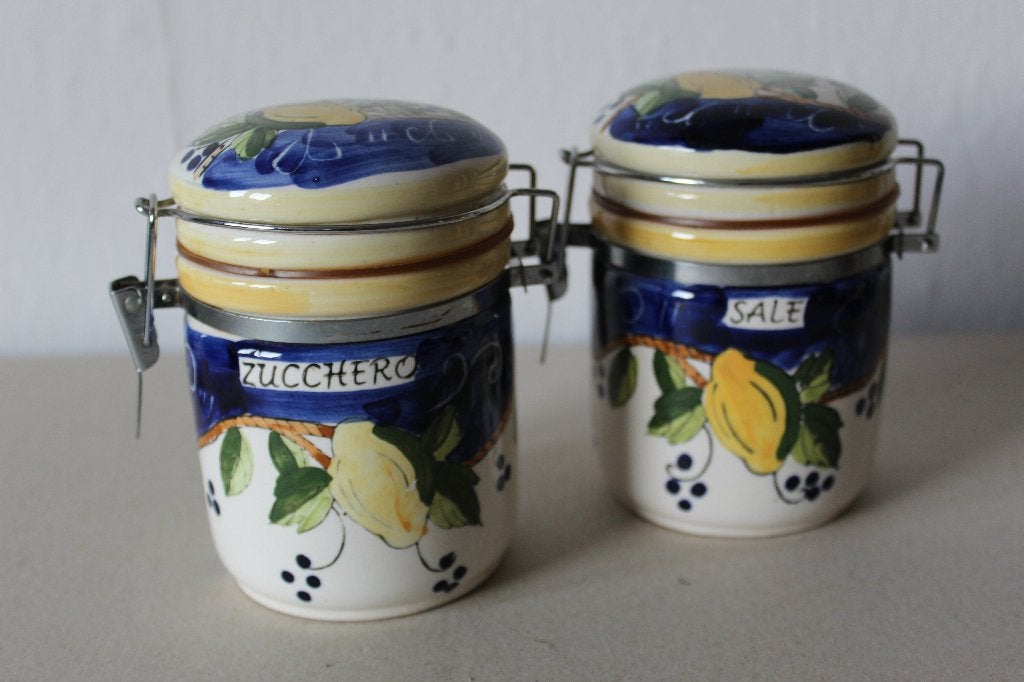 Set van 2 porseleinen voorraadpotten, handgeschilderd, Ophalen of Verzenden