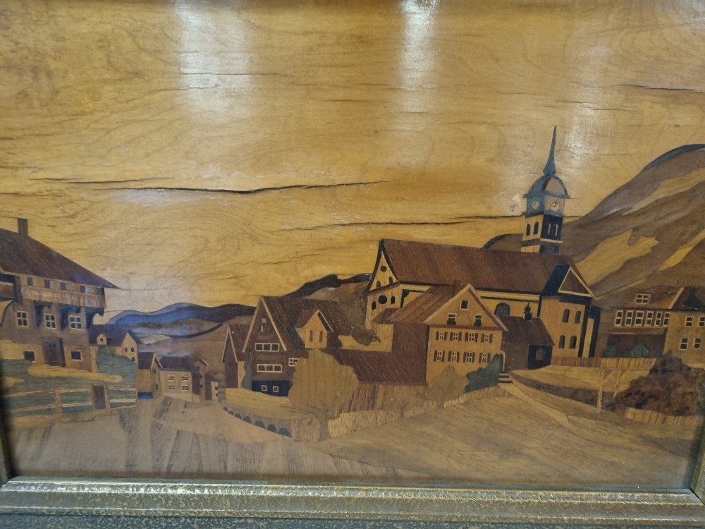 schilderij marqueterie houtinleg antiek kerkdorp, Ophalen of Verzenden, 'T Olde Gre-j, Info@toldegrej.nl, Endepoelstraat 20f Didam