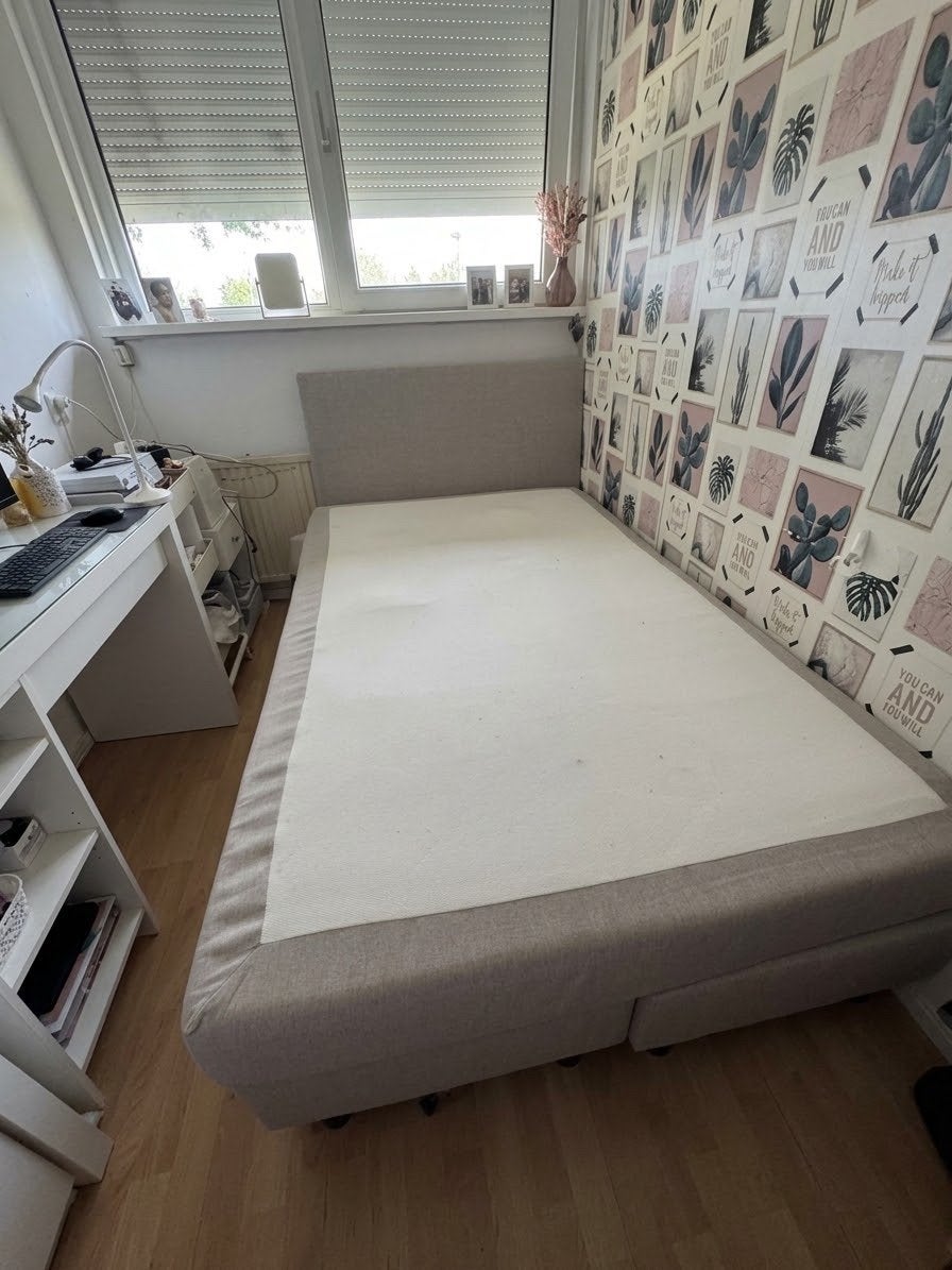 Boxspring 120x200 grijs met beschadigde hoofdsteun, Ophalen, Gebruikt, Twijfelaar, 120 cm
