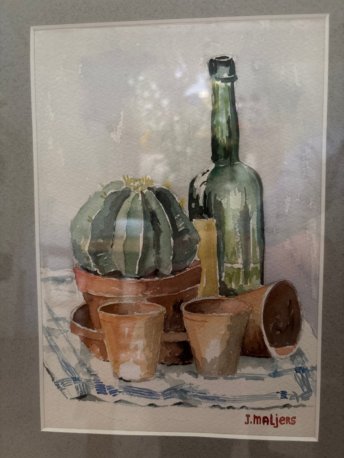 Origineel aquarel schilderij: Cactus en fles, Ophalen of Verzenden