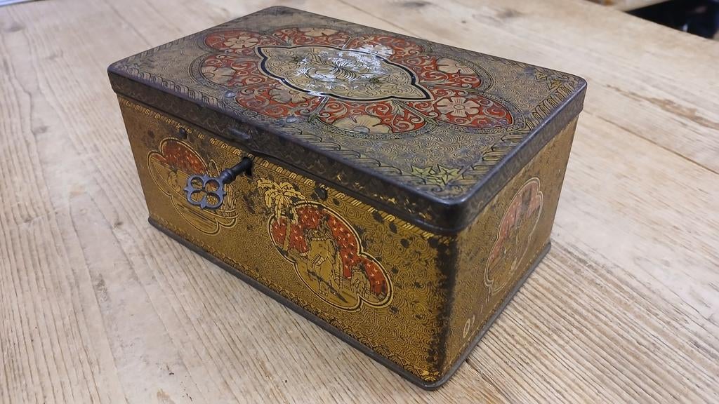 Antieke blikken theedoos de Gruyter, Ophalen of Verzenden