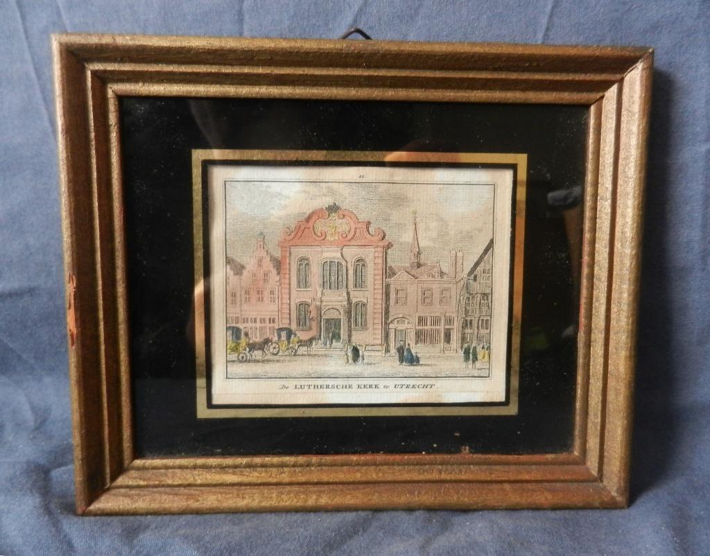 Ingekleurde gravure De Luthersche Kerk te Utrecht ca. 1750, Antiek en Kunst, Kunst | Etsen en Gravures, Stadsgezicht, Ophalen of Verzenden