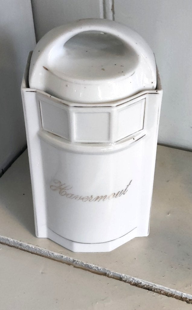 Oude havermout pot van porselein In prima staat, Ophalen of Verzenden, Zo goed als nieuw, Steen/keramiek, Pot, Bus of Blik