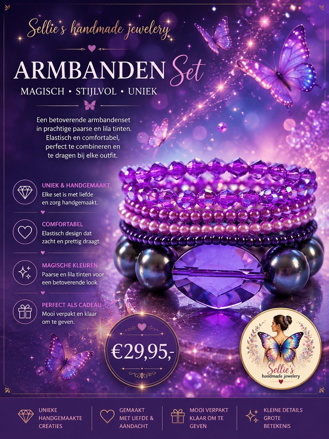 🦋 Sellie's handmade jewelery 🦋, Paars, Nieuw, Ophalen of Verzenden, Elastiek