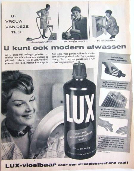45+ vintage advertenties Lux vloeibaar afwasmiddel 60-66, Ophalen of Verzenden, Zo goed als nieuw, Reclamebord