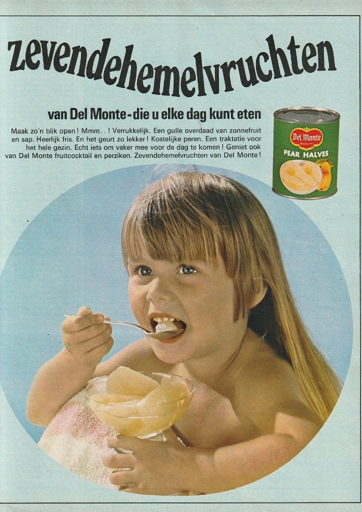 Retro reclame 1969 Del Monte peer in pot meisje jaren 60, Verzenden, Overige typen