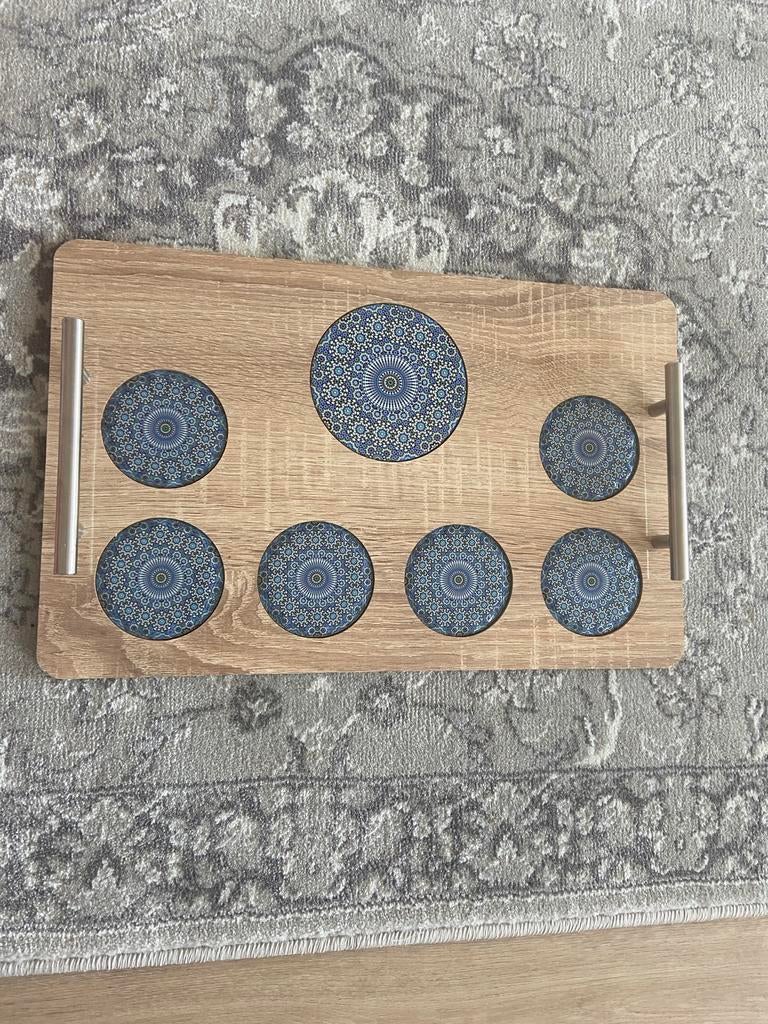 Marrokaans Houten dienblad met onderzetters in mozaïekstijl, Ophalen, Zo goed als nieuw, Glas of Kopje
