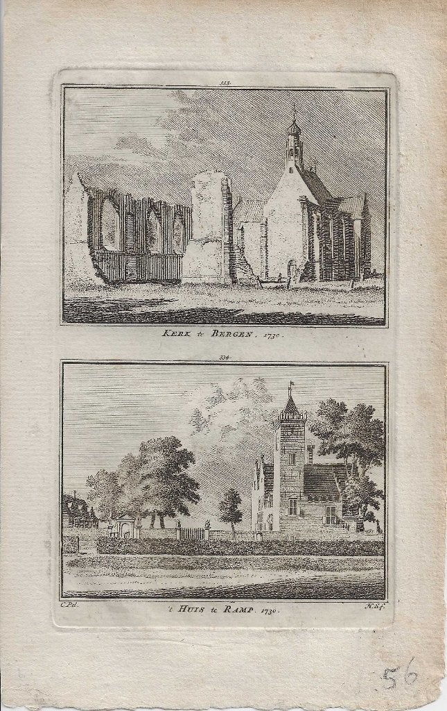 "De Kerk te Bergen 1730 en  't huis te Ramp.1730" Spilman Ko, Stadsgezicht, Ophalen of Verzenden, 16 cm, 10 cm