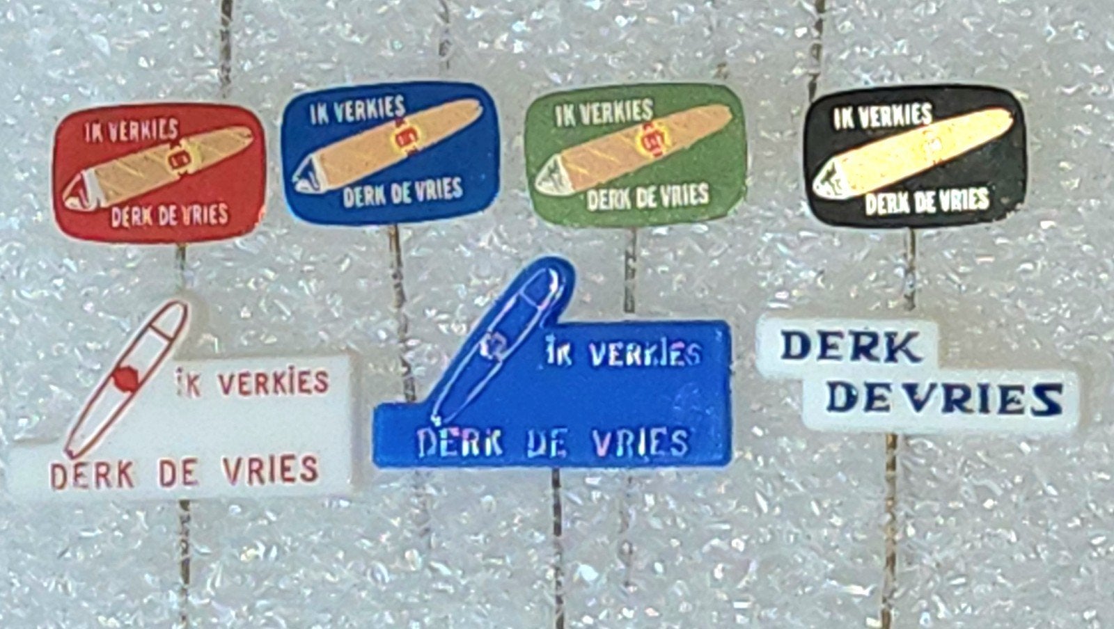 7 Speldjes 'Ik Verkies Derk de Vries' - Vintage Sigaren, Ophalen of Verzenden, Gebruikt, Overige onderwerpen