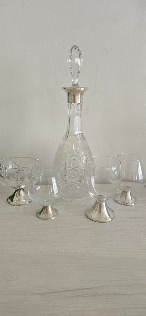 Zilver 925 Karaf en 4 Cognac Glazen Set, Antiek en Kunst, Antiek | Glas en Kristal, Ophalen of Verzenden