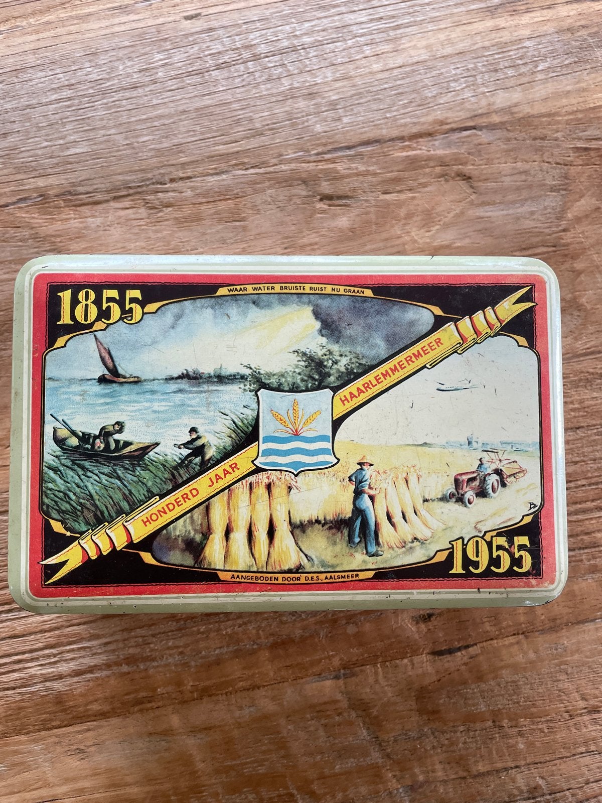 Vintage blikken trommel Haarlemmermeer 1855-1955, Verzamelen, Blikken, Ophalen of Verzenden, Gebruikt, Overige, Overige merken