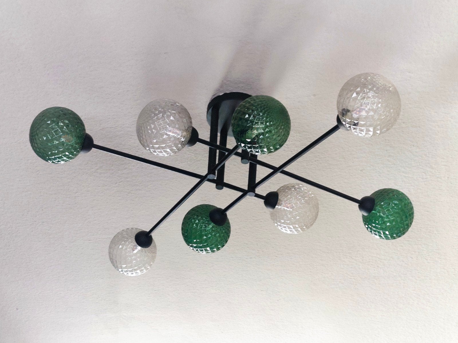 hanglamp met 8 glazen bollen, Ophalen of Verzenden, Zo goed als nieuw, Plafondlamp, G9
