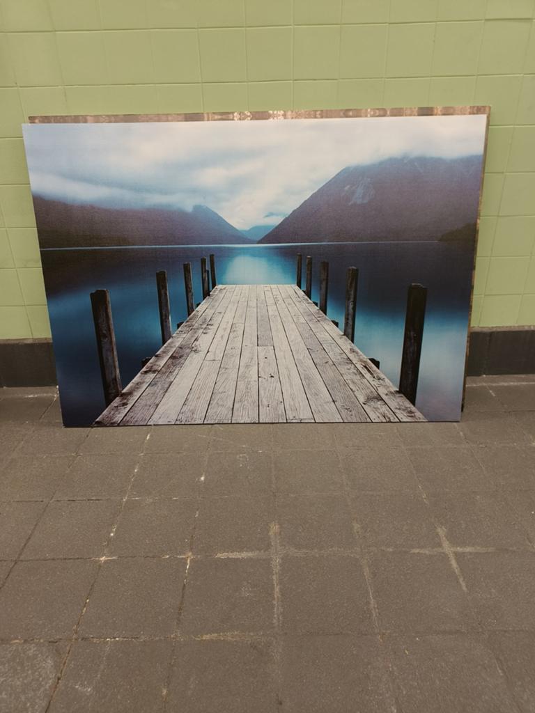 Groot Schilderij Canvas Steiger Meer Bergen 240x120 cm, Ophalen, Gebruikt, 125 cm of meer, Schilderij