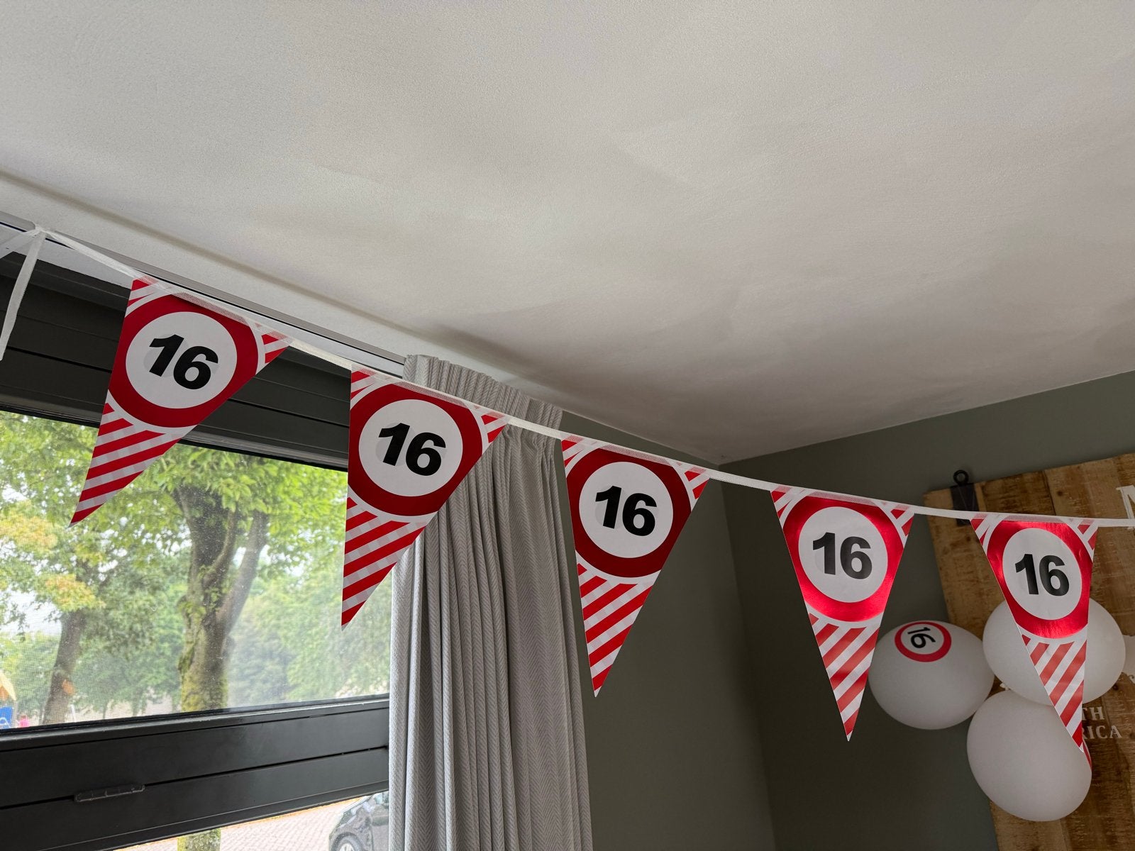Feestversiering 16 jaar: vlaggenlijn en prikkers, Ophalen, Gebruikt, Versiering, Verjaardag