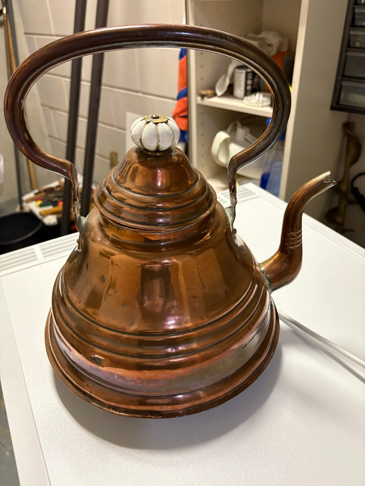 Antieke koperen theeketel met keramische knop, Ophalen of Verzenden