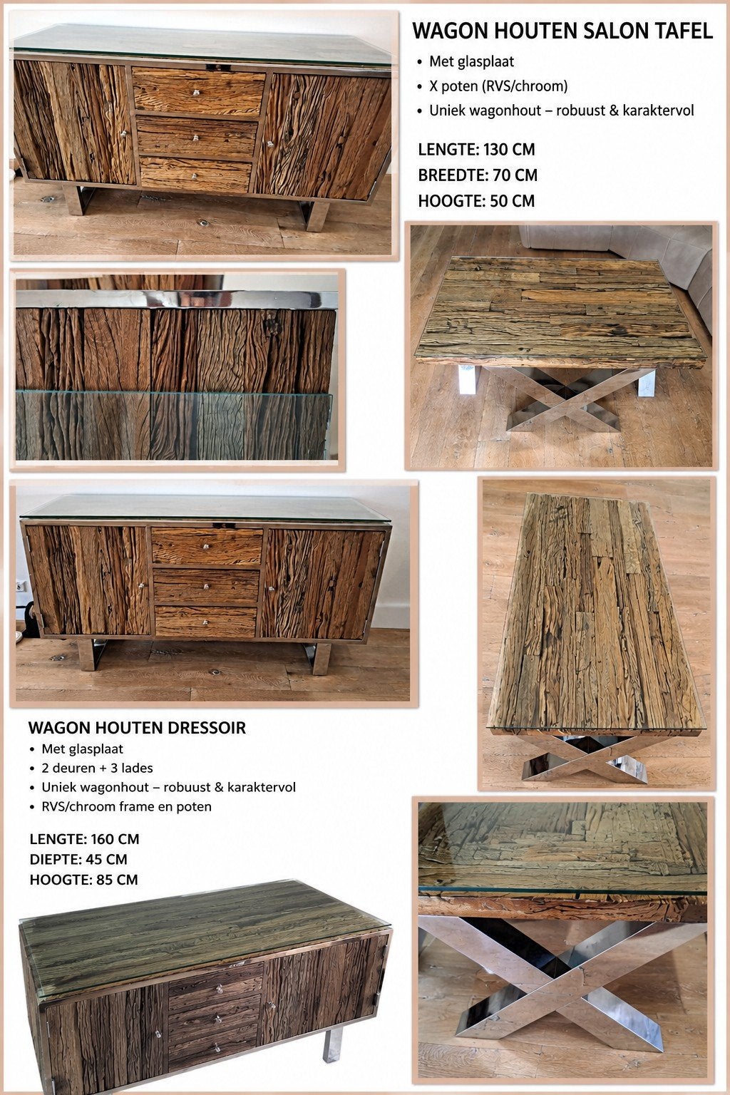 Wagon Houten Dressoir met Glasplaat - Robuust & Karaktervol, Landelijk, Industrieel, Robuust, 150 tot 200 cm, Ophalen of Verzenden