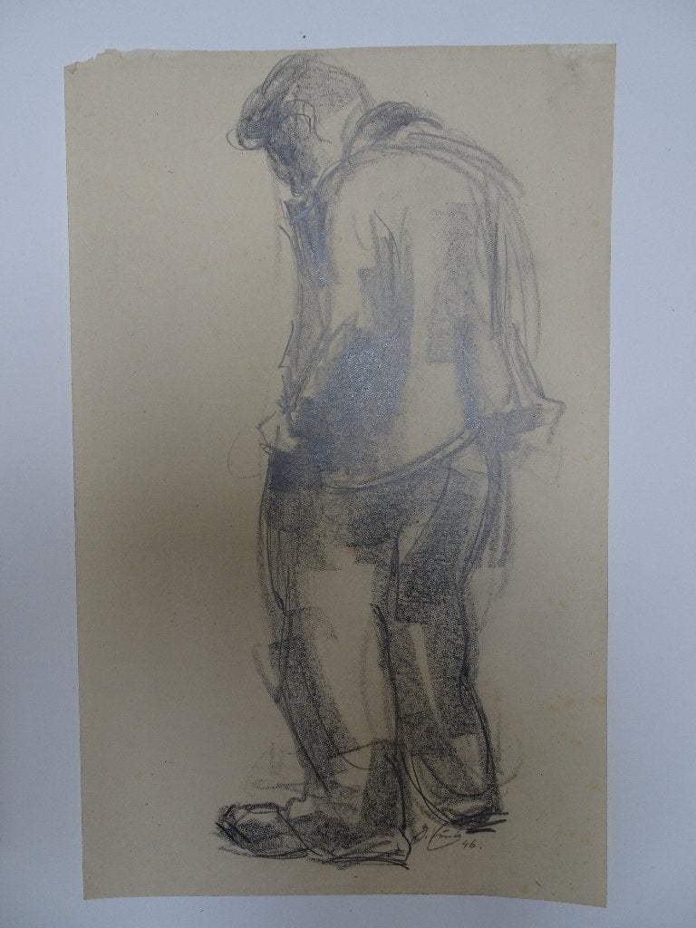 Tekening gebogen man met handen in de zakken, Jan Vink 1946, Antiek en Kunst, Kunst | Tekeningen en Foto's, Ophalen of Verzenden