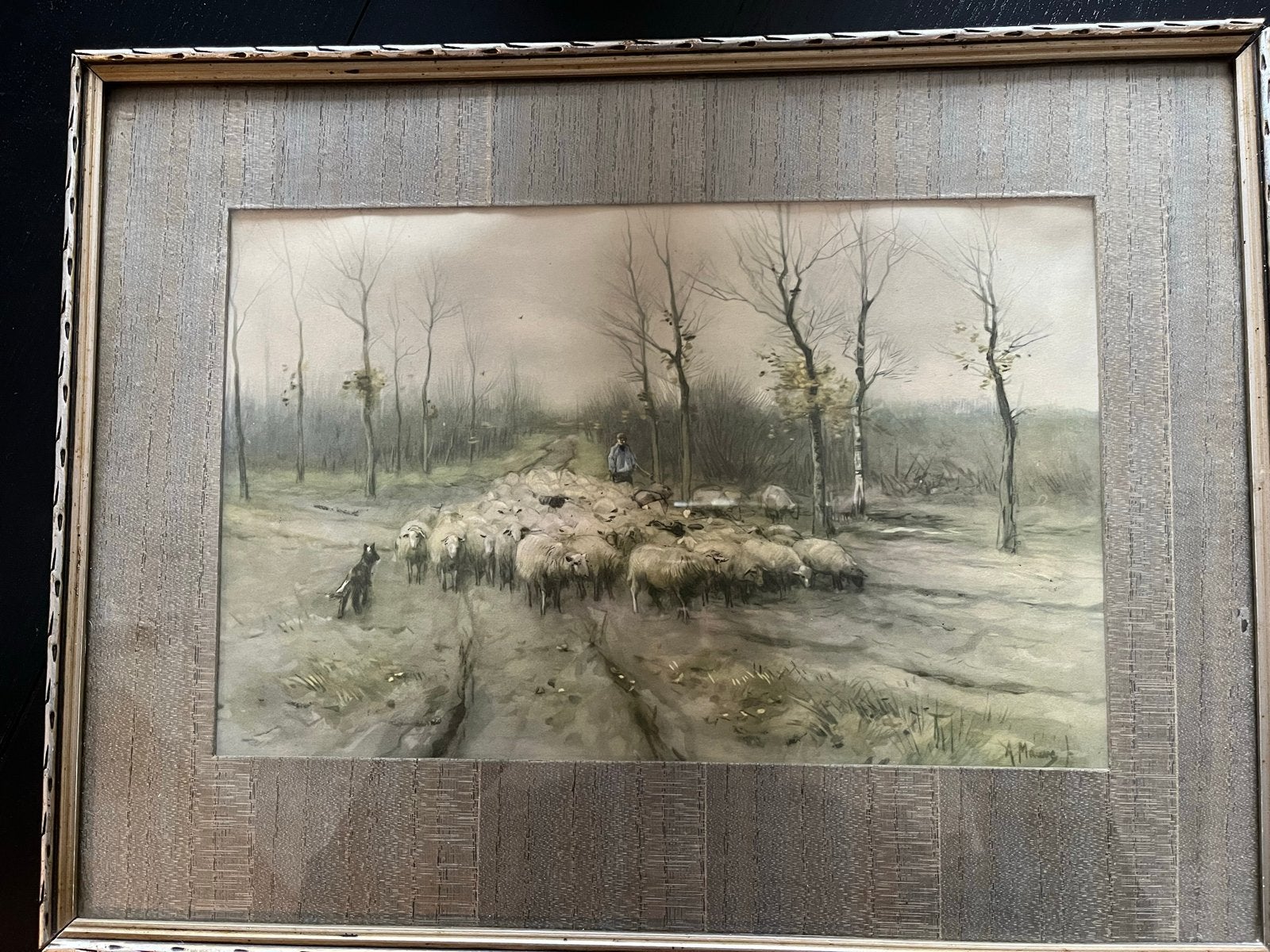 Zeefdruk van schilderij van Anton Mauve - Herder met kudde, Impressionistisch, Ophalen of Verzenden, Landschap, Print