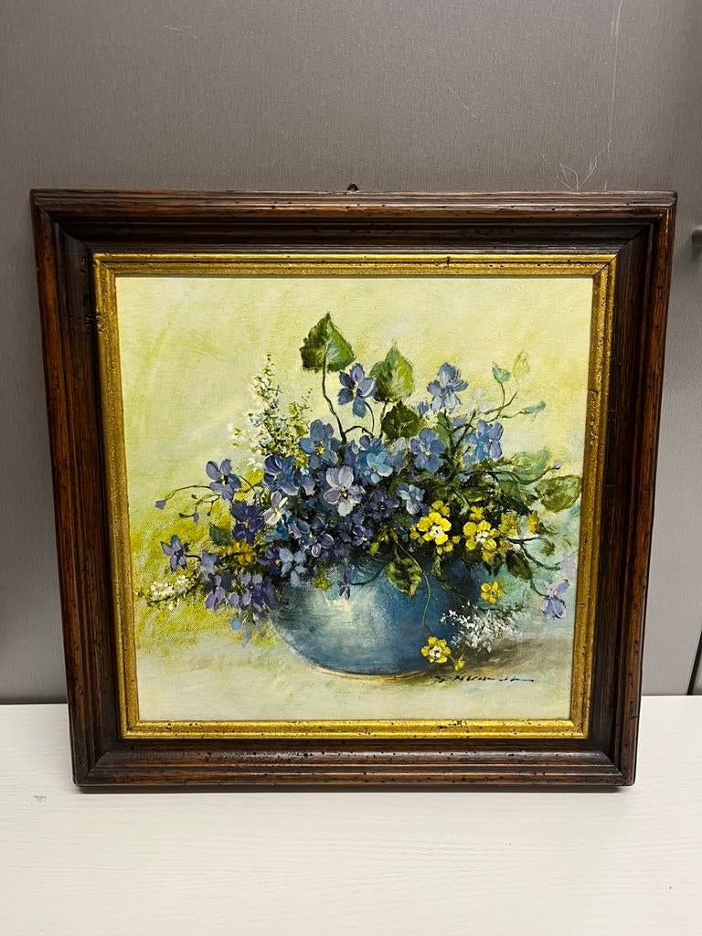 Olieverfschilderij Gerhard Neswadba - Blauw Bloemstilleven, Ophalen of Verzenden