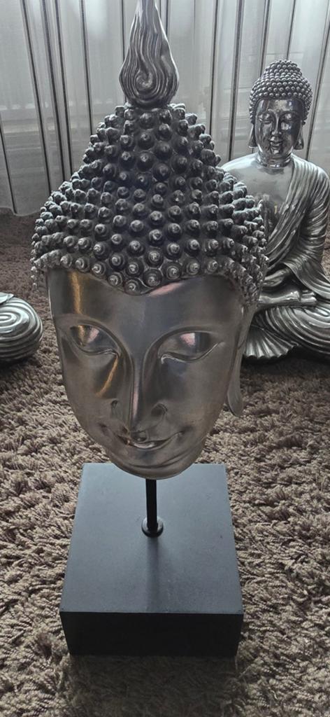 Boeddha Hoofd Zilver Polystone op Standaard - 52x15 cm, Ophalen