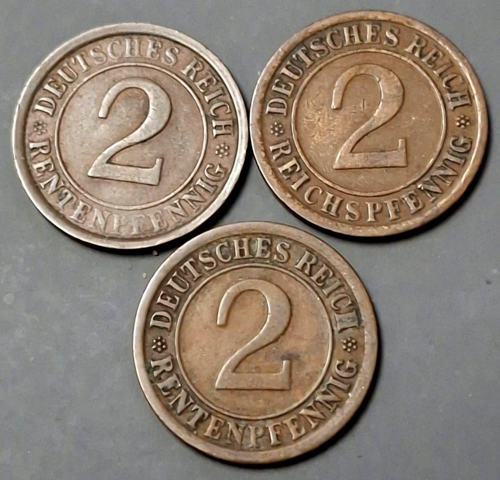 Duitsland Weimar Republiek 3 x 2 Rentenpfennig 1924A, Postzegels en Munten, Ophalen of Verzenden, Duitsland, Setje
