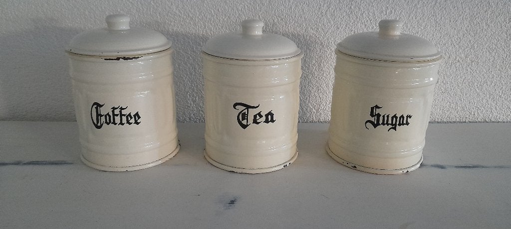 Set van Coffee Tea & Suger bussen cremekleur emaille, Antiek en Kunst, Antiek | Emaille, Ophalen of Verzenden
