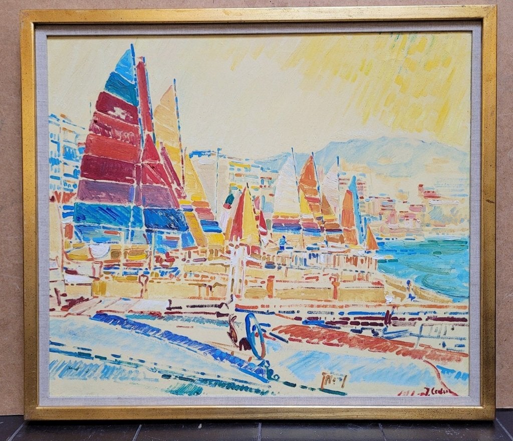 Jac LEDUC, Cannes 1990, Ophalen of Verzenden, Gesigneerd, Olieverf, Doek