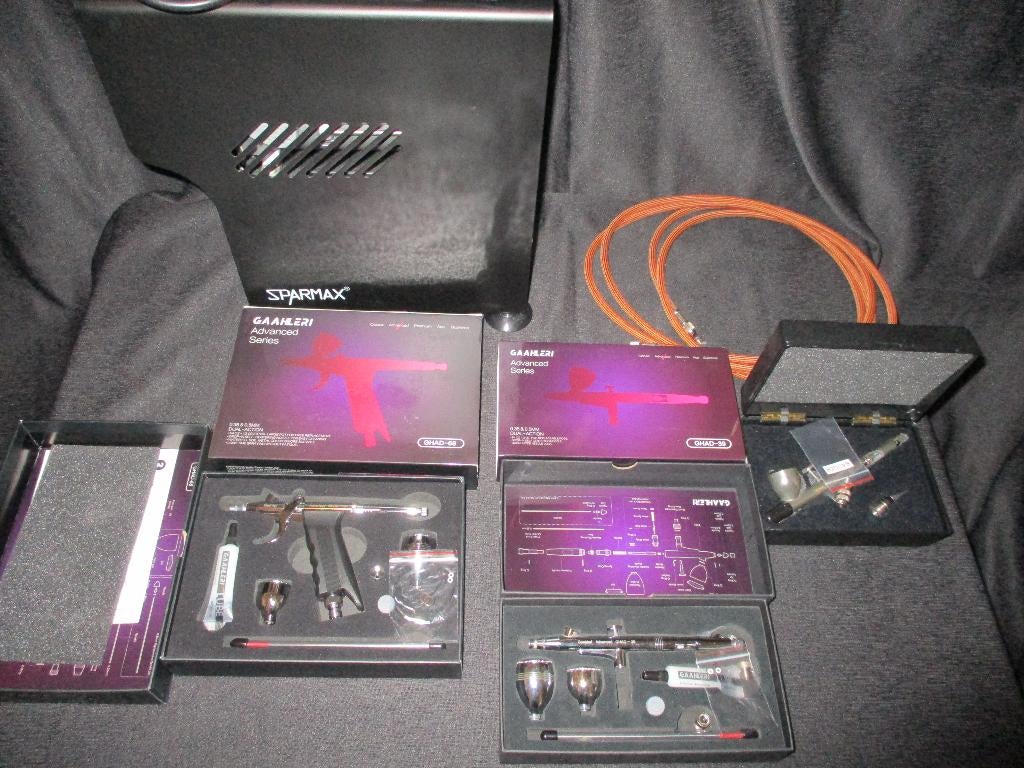 H-360,SPARMAX AIRBRUSH COMPRESSOR+3 SETS AIRBRUSH PISTOLEN,N, Ophalen of Verzenden, Gebruikt, 1:35 tot 1:50