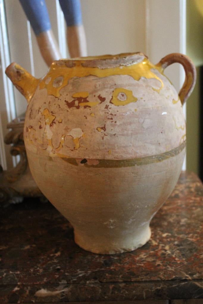 Antieke franse aardewerk pot gargoulette geel glazuur, Ophalen of Verzenden