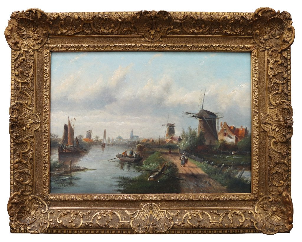 Antiek olieverf rivierlandschap schilderij, door JJC Spohler, Antiek en Kunst, Ingelijst, Doek, Ophalen of Verzenden, Landschap