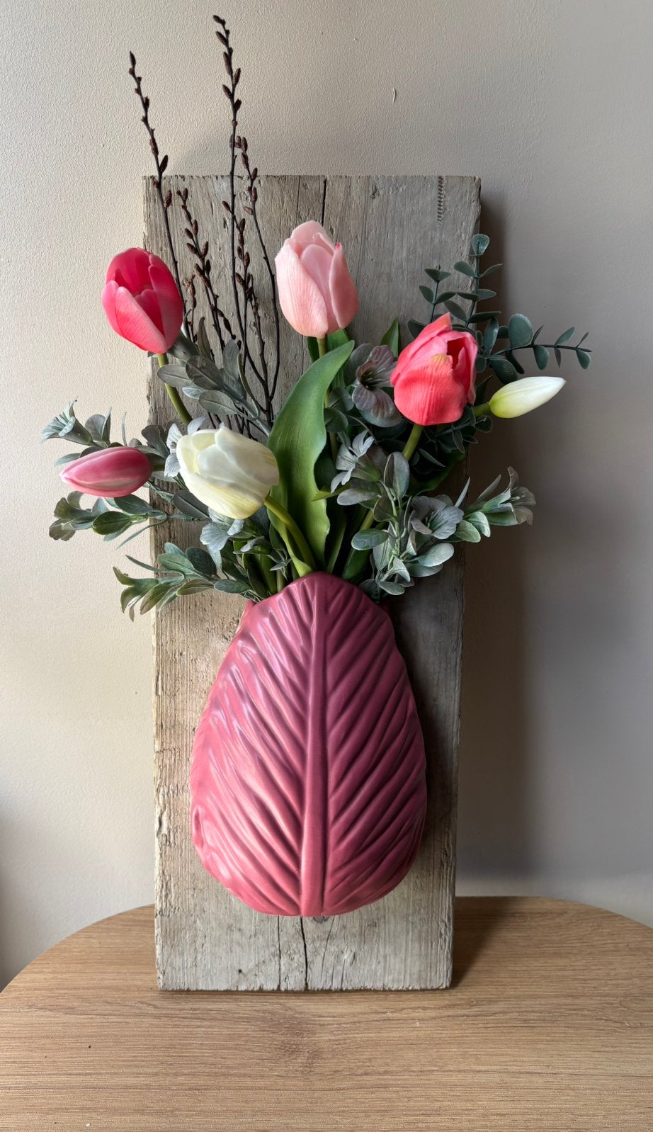 Nieuw! Wandpaneel met pot en tulpen boeket - wanddecoratie, 20 cm, Www.discountfashioncorner.nl, Hout, Ophalen of Verzenden