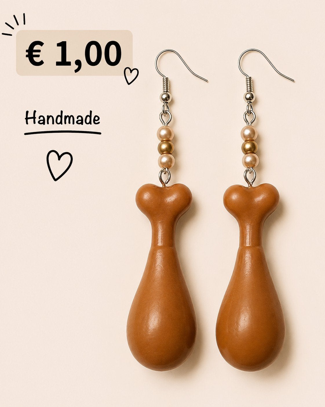 Handgemaakte kippenbout oorbellen – grappig & uniek, Overige materialen, Hangers, Bruin, Ophalen of Verzenden