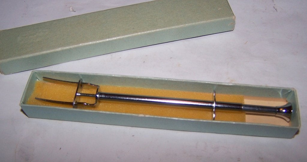 Vintage mechanisch zuurvorkje in doos. Messing verchroomd., Overige typen, Ophalen of Verzenden, Metaal, Nieuw
