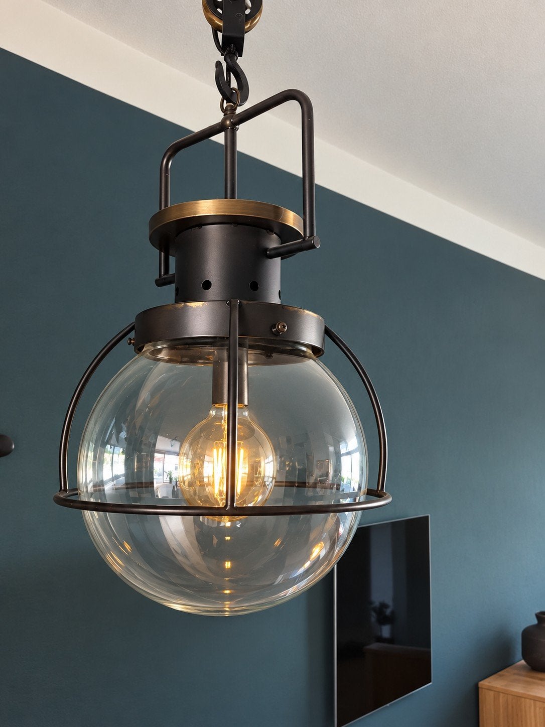 Industriële hanglamp met katrol - Glas en metaal, Huis en Inrichting, Gebruikt, Glas, Industrieel, E27 (groot)