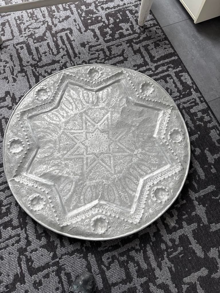 Groot Marokkaans Dienblad - Handgeslagen Aluminium, Rond, Ophalen, Gebruikt, Rond, Metaal