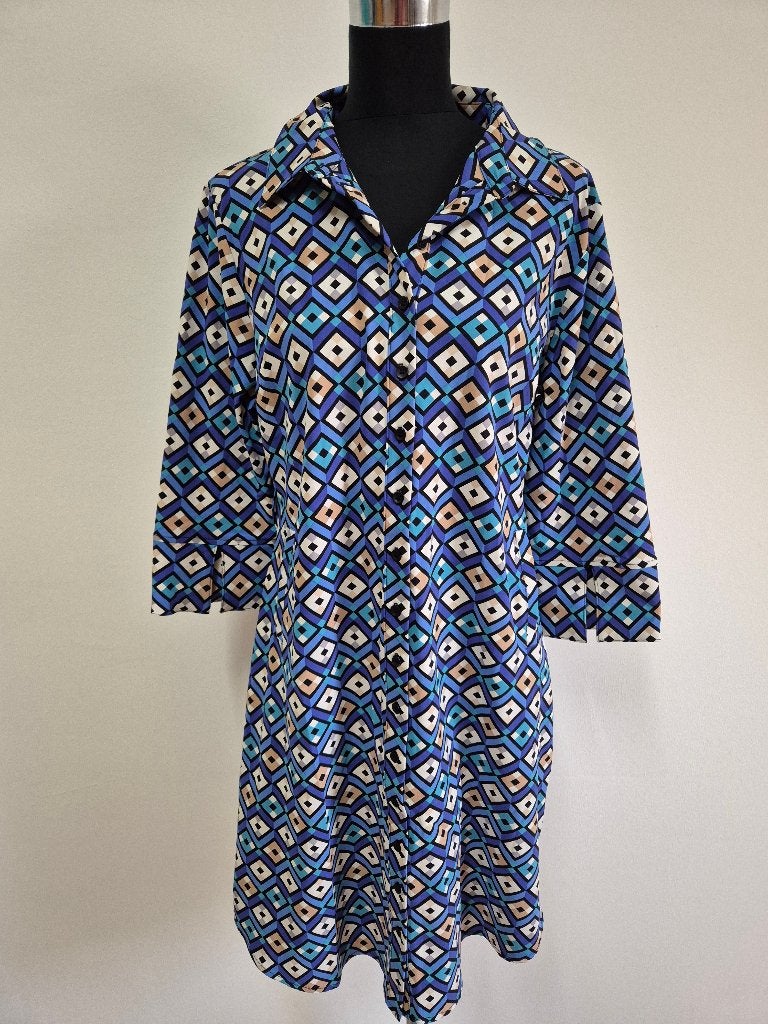 J58 - Fleurige blauwe Mi Piace travelstof jurk maat XXL (1), Blauw, Maat 46/48 (XL) of groter, Nieuw, Ophalen of Verzenden