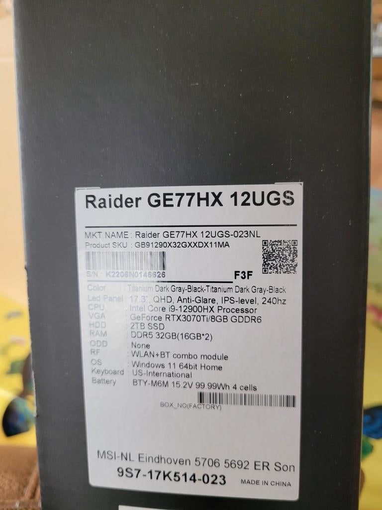 MSI Raider GE77HX i9 Gaming Laptop - RTX 3070Ti, 32GB RAM, Computers en Software, Ophalen