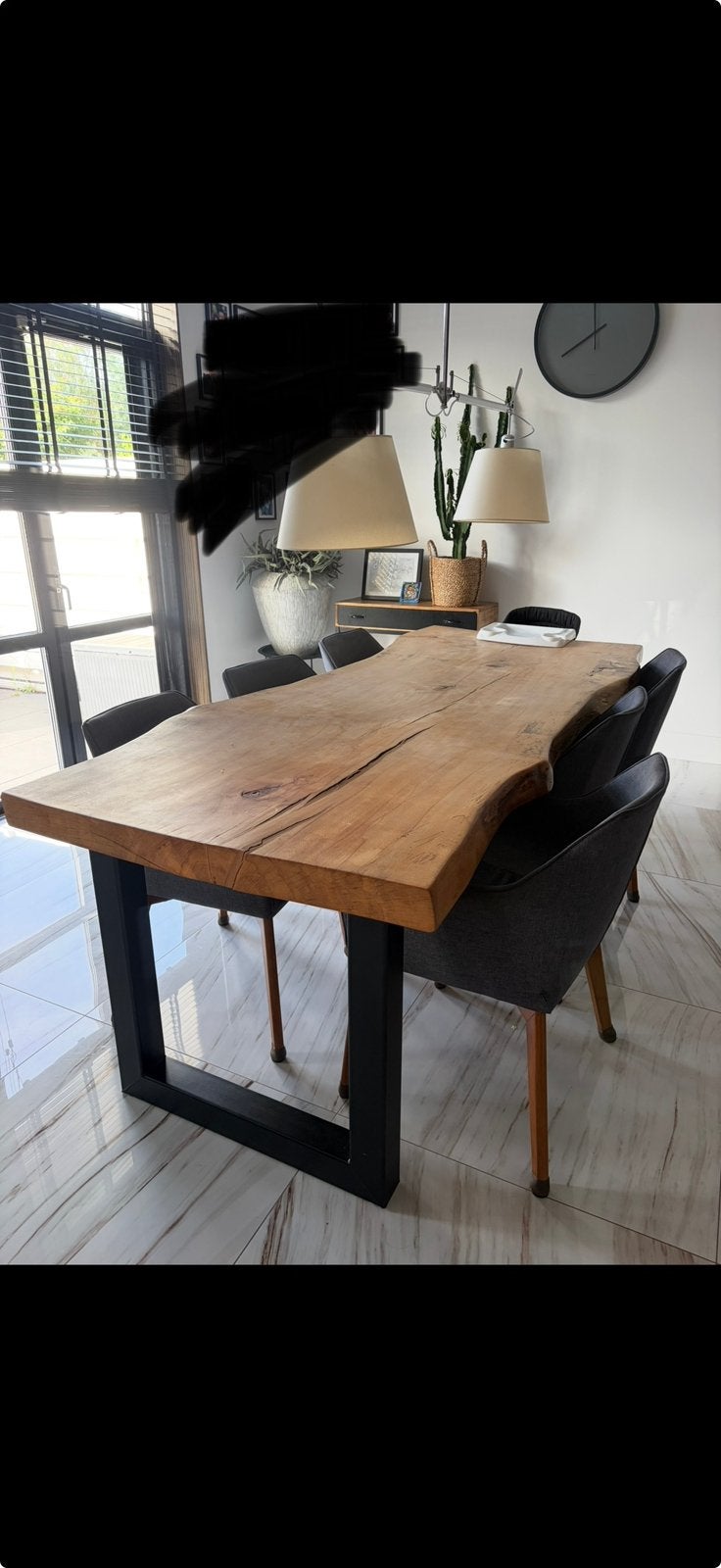 Beuken boomstam Eettafel met Zwart Gecoate Stalen Poten, Huis en Inrichting, Tafels | Eettafels, Ophalen, Gebruikt, 100 tot 150 cm