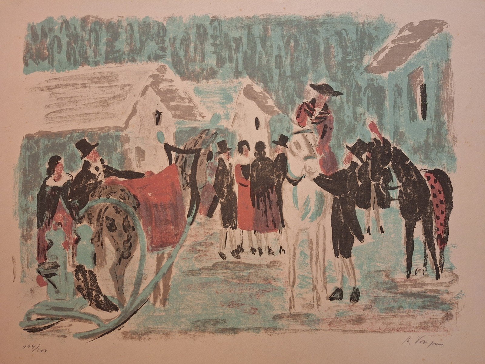 Lithografie paarden jaren '50, gesigneerd, Antiek en Kunst, Kunst | Litho's en Zeefdrukken, Lithografie, Gesigneerd, Dieren en Natuur